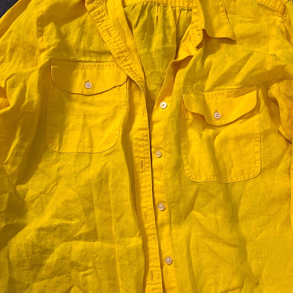 Ralph Lauren yelllow button down linen blouse pockets in the front